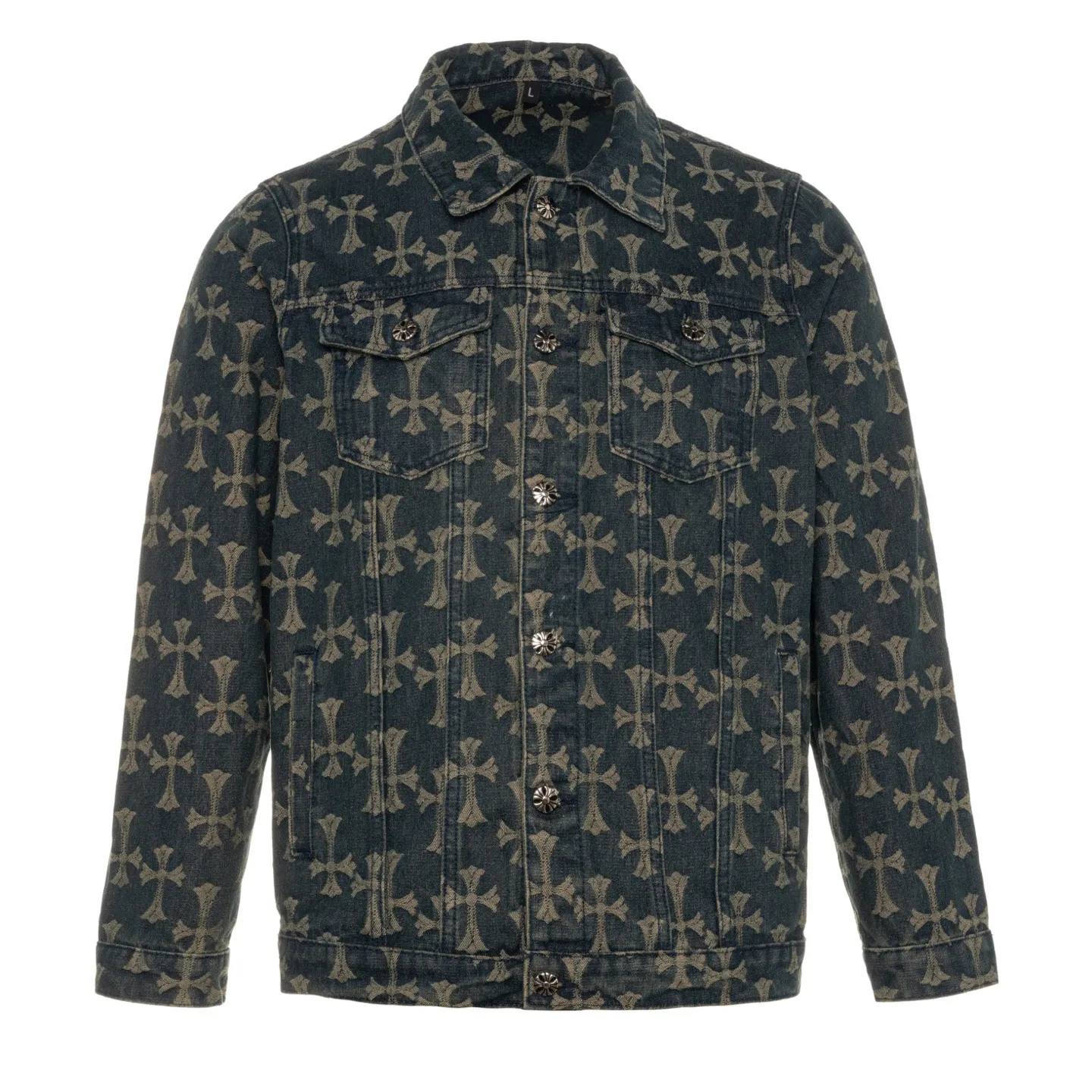 P240 Chrome Hearts | Chrome Hearts CH all-over printed jacquard denim jacket - 2024 autumn new product, the same style as the Internet celebrity star's cross-printed denim jacket, with unique cross design elements and all-over printing, full of design sense. It is made of 100% denim cotton fabric with heavy coarse yarn count, which ensures a stiff and tough silhouette while being soft, comfortable and breathable. The lapel is designed with silver buttons and is full of texture.  The classic dark yellow cross logo is all over the dress. It is generous and full of personality without being exaggerated. It is a perfect versatile style for spring and summer!    Custom hardware! Same style for couples!  Three standards are complete, the same style for men and women, non-market ordinary version, feel free to compare, the quality is absolutely guaranteed. Style number: 1651# Color: blue Size: S M L XL
